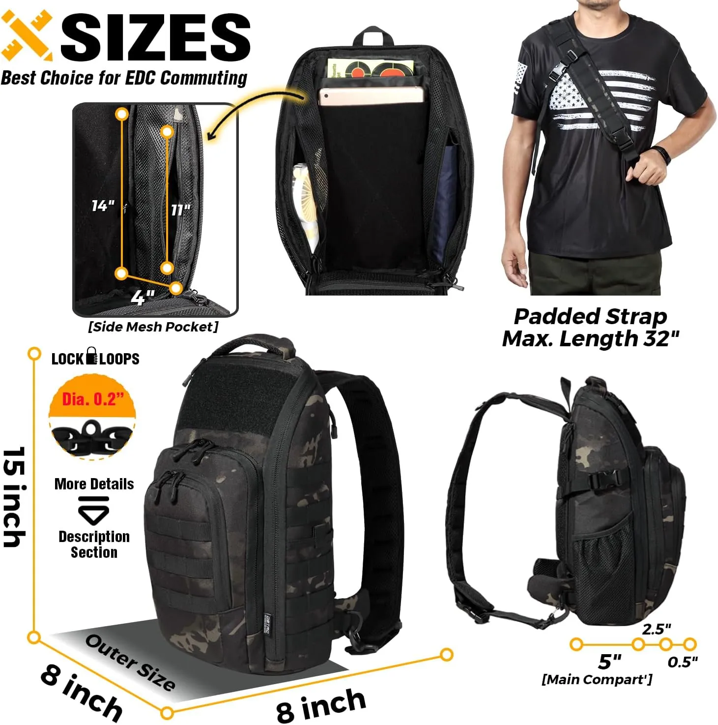 DBTAC Tactical Personal Defense EDC Bags & Packs | 10L Military Shoulder Backpack with Sling for Concealed Carry, Range, Travel, Hiking, Outdoor Sports (Black Camo)
