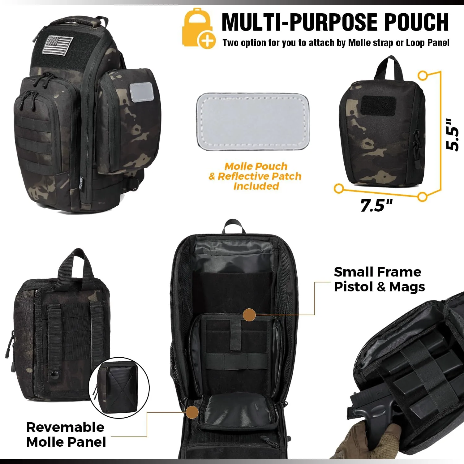 DBTAC Tactical Personal Defense EDC Bags & Packs | 10L Military Shoulder Backpack with Sling for Concealed Carry, Range, Travel, Hiking, Outdoor Sports (Black Camo)