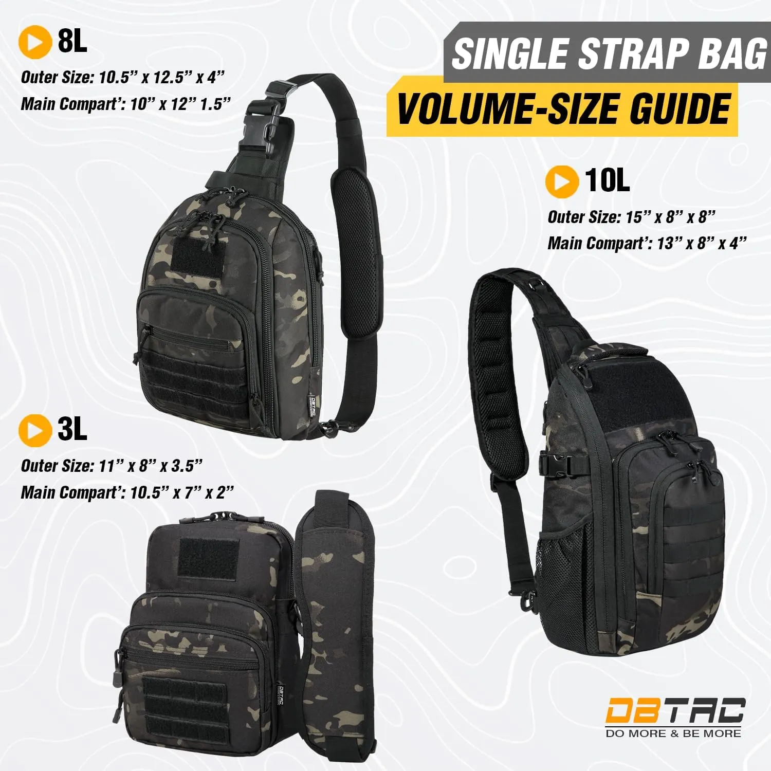 DBTAC Tactical Personal Defense EDC Bags & Packs | 10L Military Shoulder Backpack with Sling for Concealed Carry, Range, Travel, Hiking, Outdoor Sports (Black Camo)