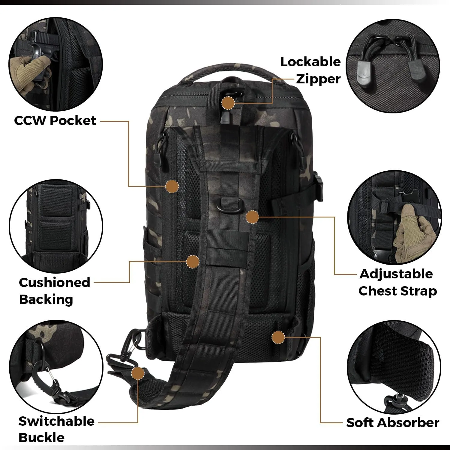 DBTAC Tactical Personal Defense EDC Bags & Packs | 10L Military Shoulder Backpack with Sling for Concealed Carry, Range, Travel, Hiking, Outdoor Sports (Black Camo)