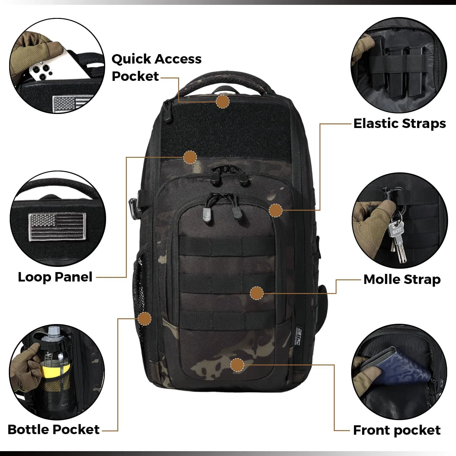 DBTAC Tactical Personal Defense EDC Bags & Packs | 10L Military Shoulder Backpack with Sling for Concealed Carry, Range, Travel, Hiking, Outdoor Sports (Black Camo)