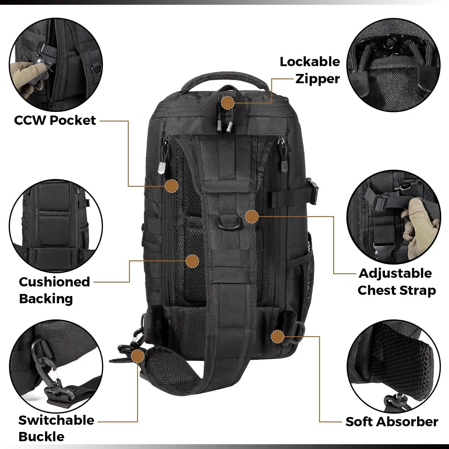 DBTAC Tactical Personal Defense EDC Bags & Packs | 10L Military Shoulder Backpack with Sling for Concealed Carry, Range, Travel, Hiking, Outdoor Sports (Black Obsidiann)