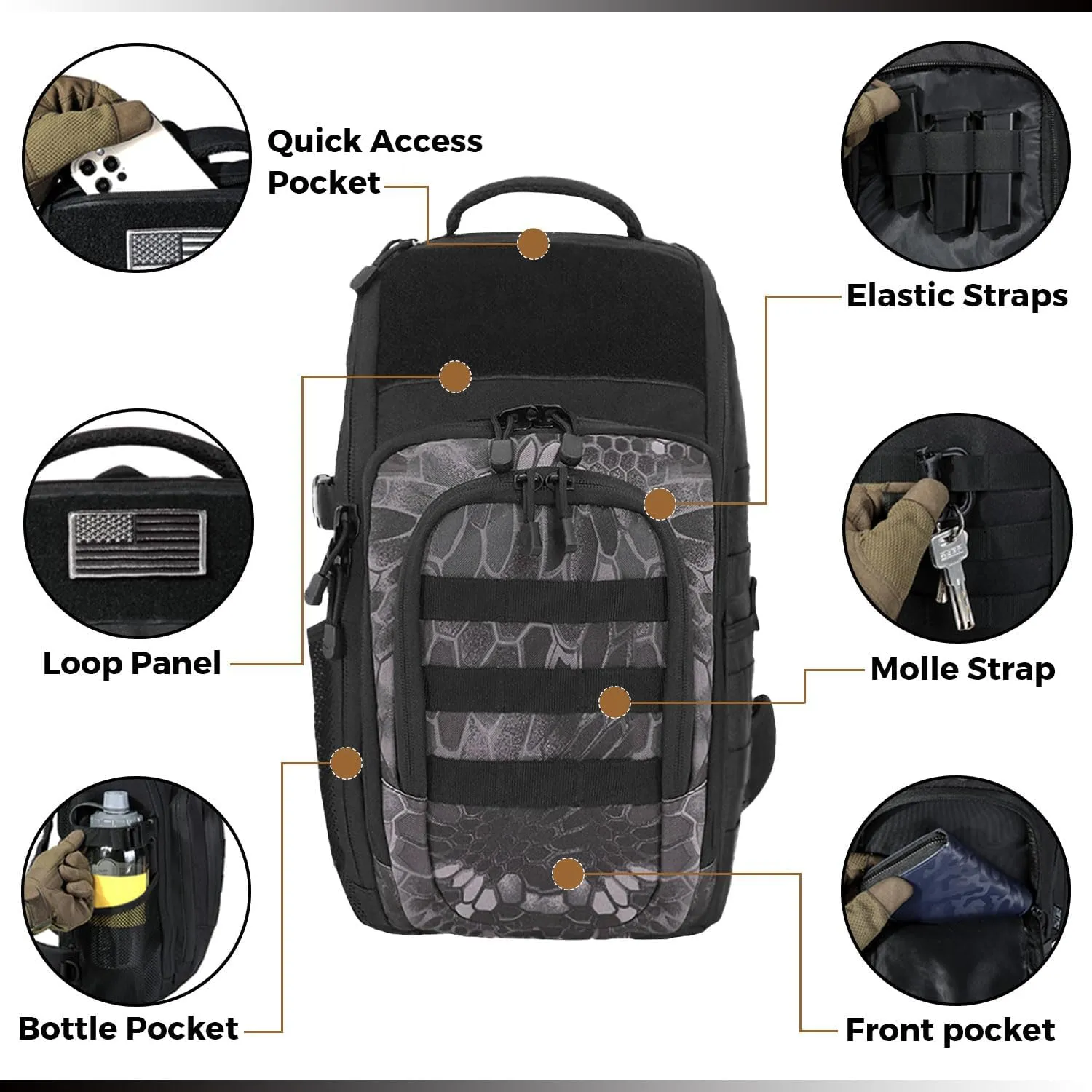 DBTAC Tactical Personal Defense EDC Bags & Packs | 10L Military Shoulder Backpack with Sling for Concealed Carry, Range, Travel, Hiking, Outdoor Sports (Black Obsidiann)