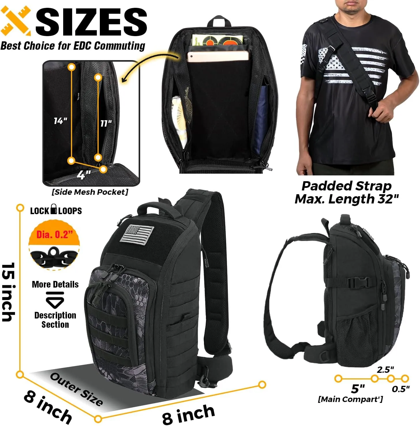 DBTAC Tactical Personal Defense EDC Bags & Packs | 10L Military Shoulder Backpack with Sling for Concealed Carry, Range, Travel, Hiking, Outdoor Sports (Black Obsidiann)