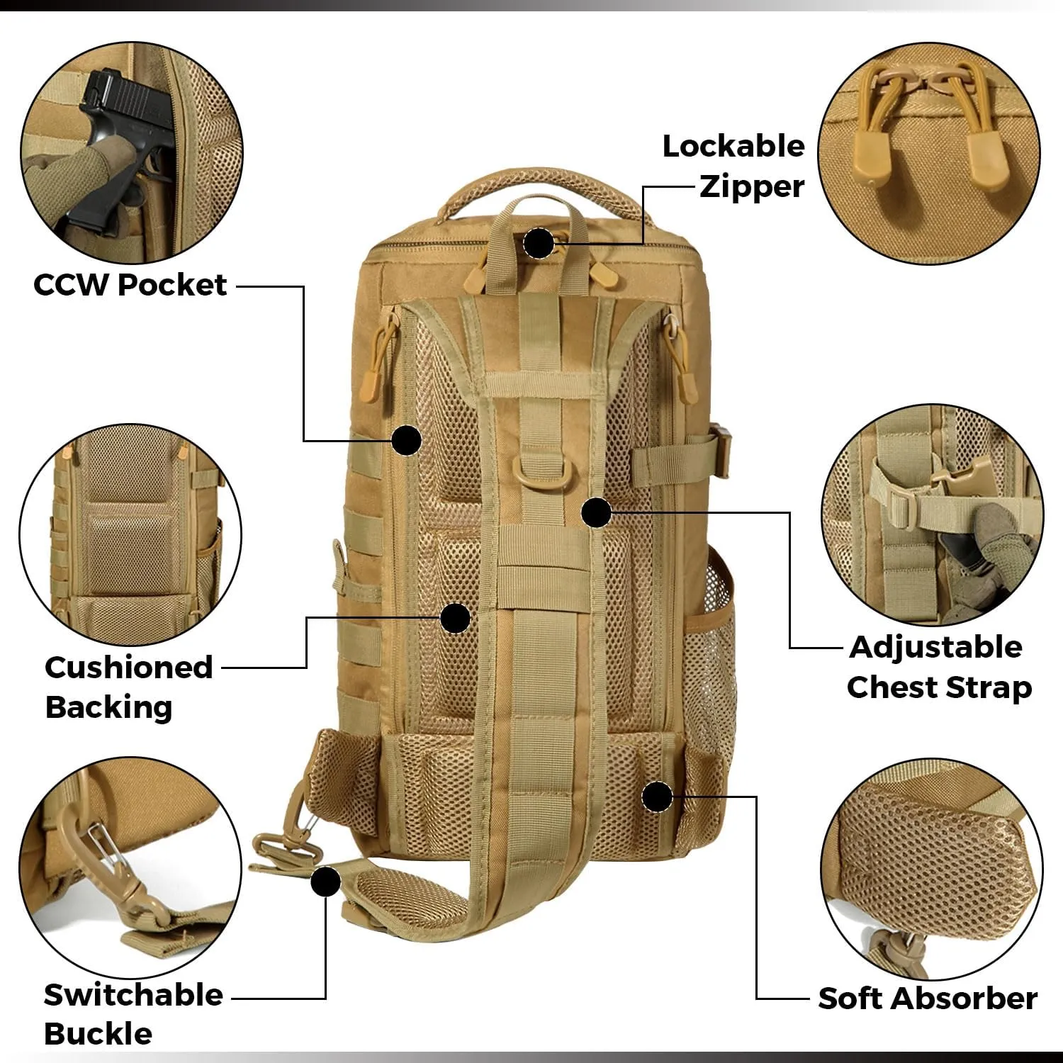 DBTAC Tactical Personal Defense EDC Bags & Packs | 10L Military Shoulder Backpack with Sling for Concealed Carry, Range, Travel, Hiking, Outdoor Sports (Tan)