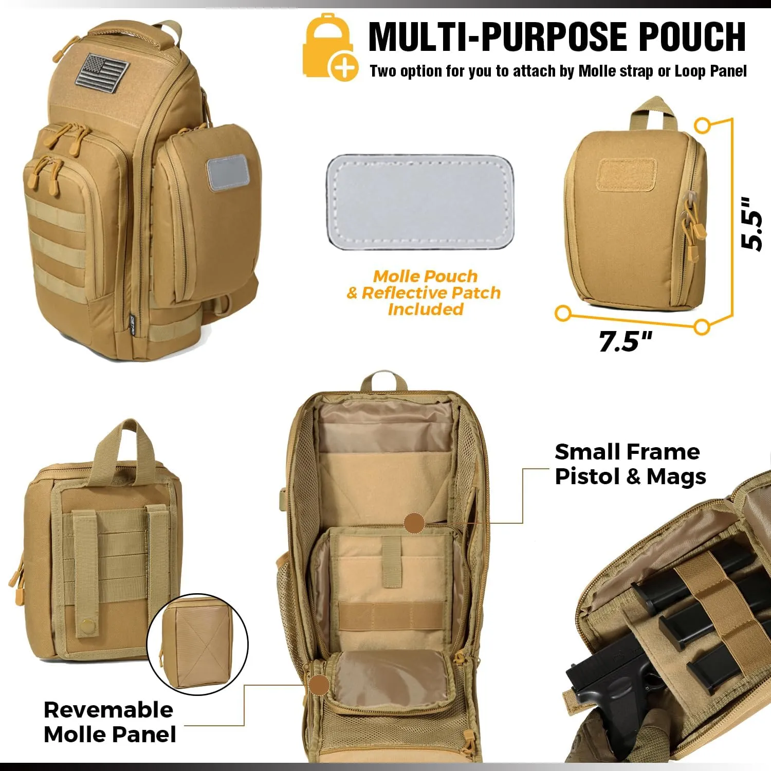 DBTAC Tactical Personal Defense EDC Bags & Packs | 10L Military Shoulder Backpack with Sling for Concealed Carry, Range, Travel, Hiking, Outdoor Sports (Tan)