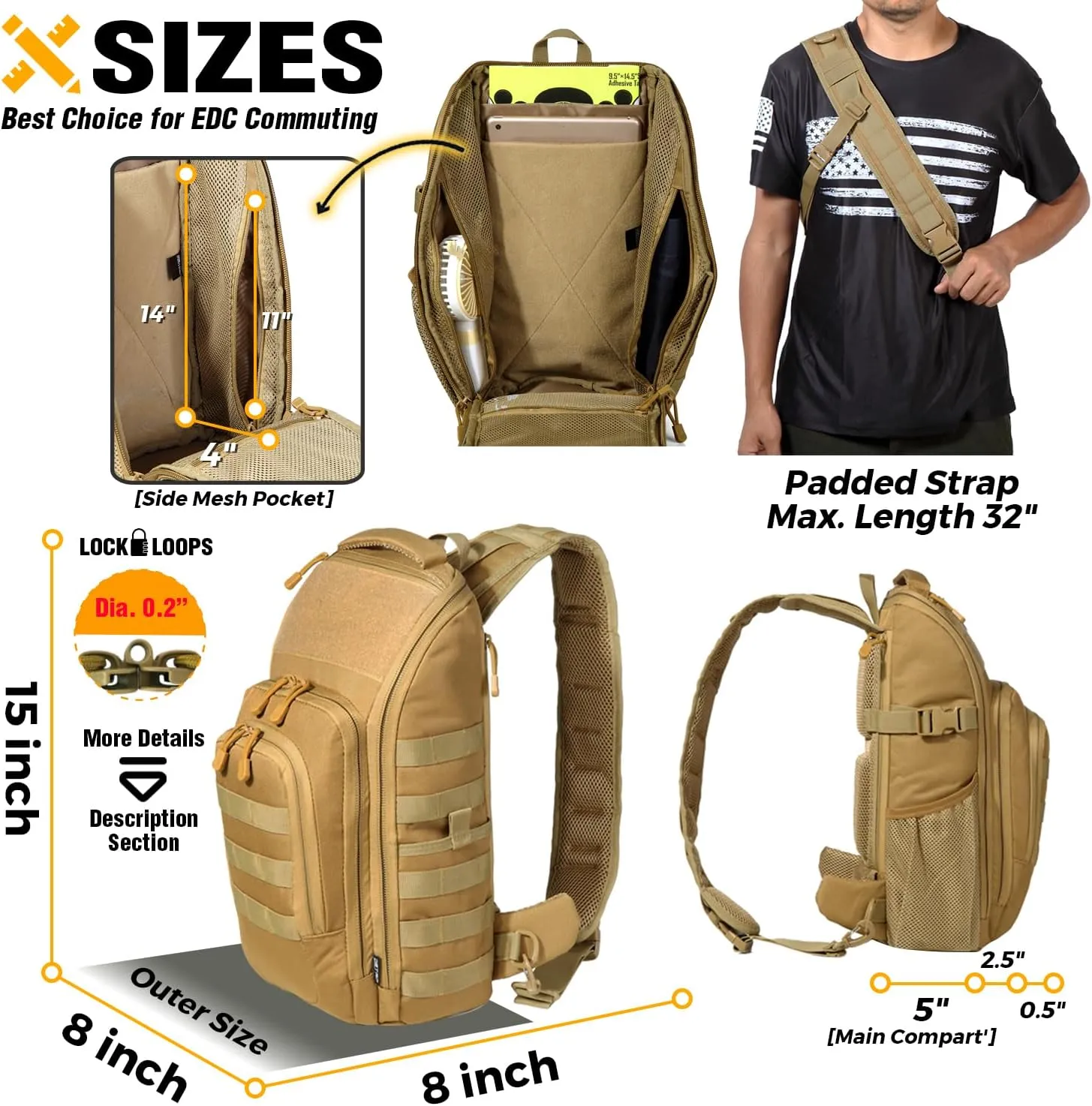 DBTAC Tactical Personal Defense EDC Bags & Packs | 10L Military Shoulder Backpack with Sling for Concealed Carry, Range, Travel, Hiking, Outdoor Sports (Tan)