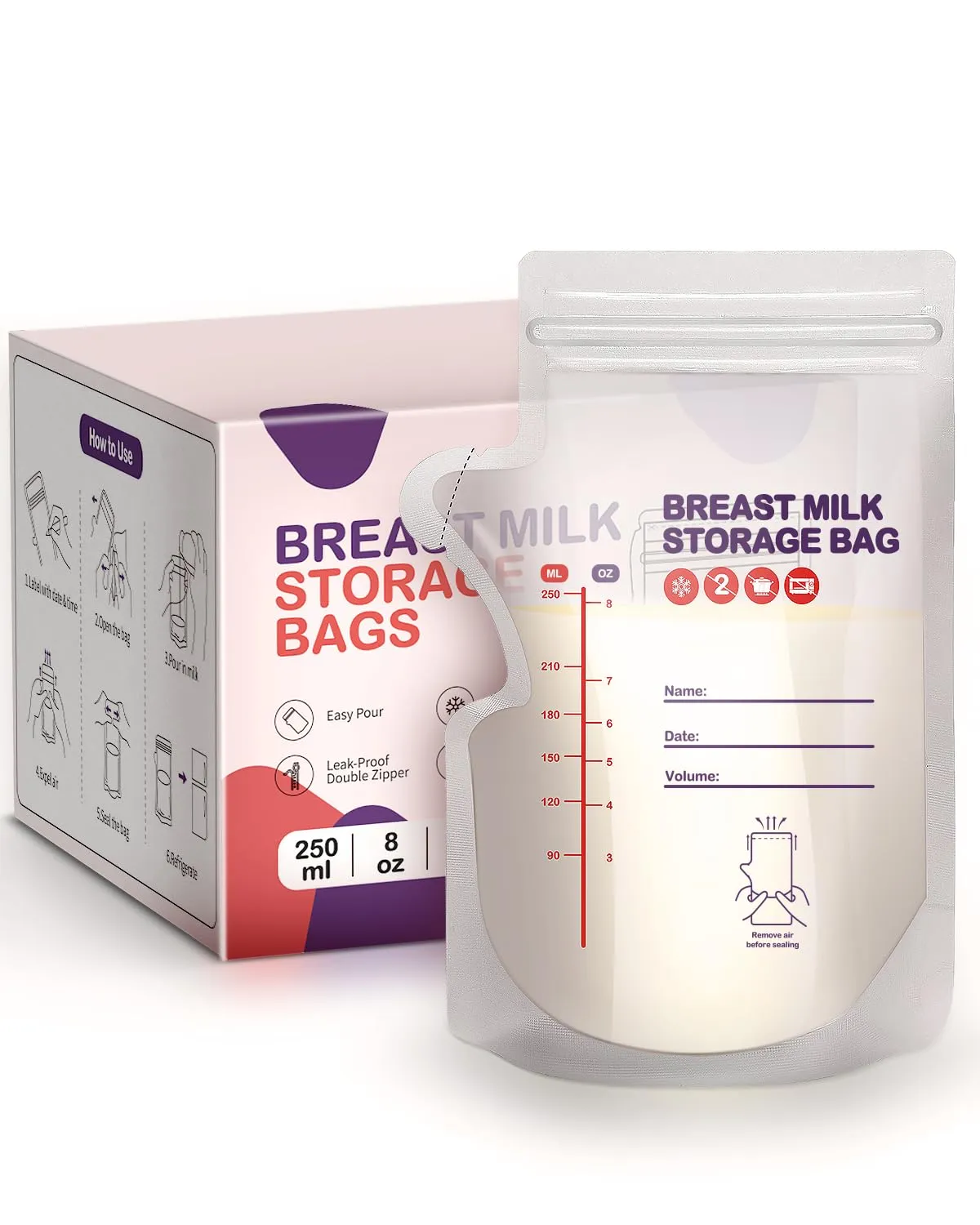 dearlomum BPA-Free Breastmilk Storage Bags - 200 Pcs, 8 Ounce, Self-Standing with Pour Spout, Space-Saving Flat Profile, Ideal for Convenient Breastfeeding and Milk Storage, Refrigeration & Freezing