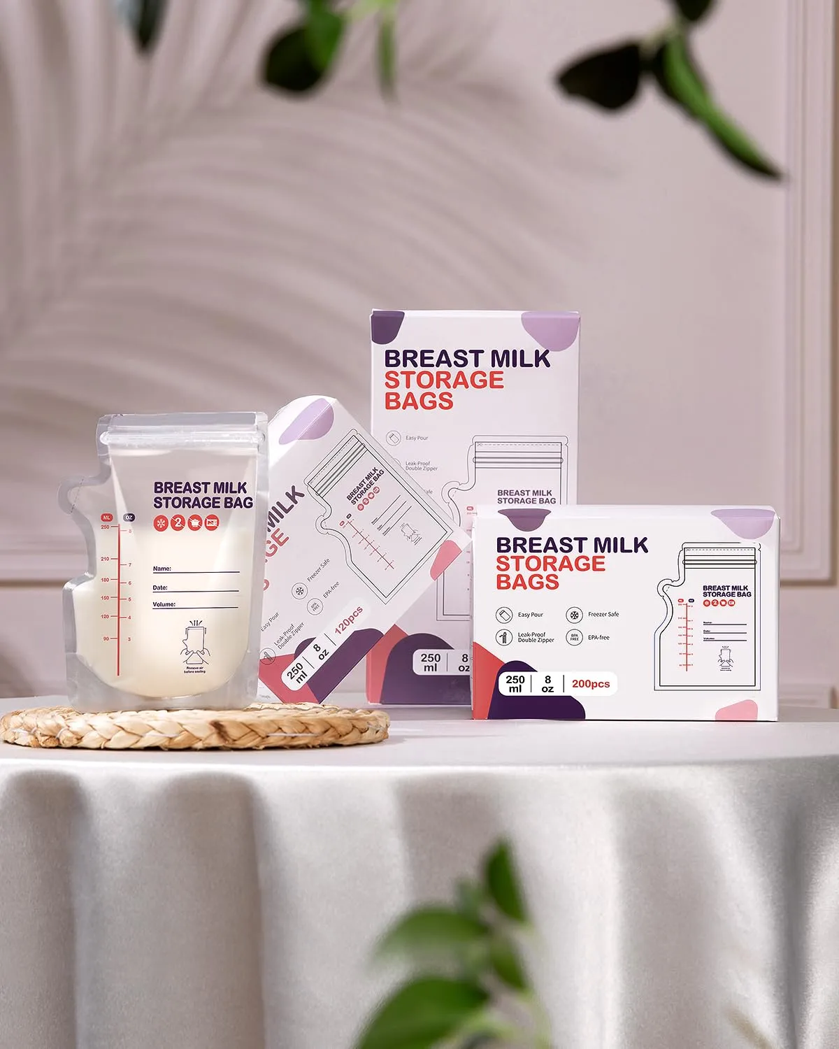 dearlomum BPA-Free Breastmilk Storage Bags - 200 Pcs, 8 Ounce, Self-Standing with Pour Spout, Space-Saving Flat Profile, Ideal for Convenient Breastfeeding and Milk Storage, Refrigeration & Freezing