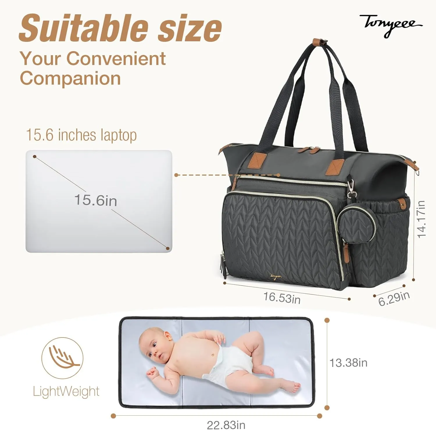 Diaper Bag Tote, Large Baby Diaper Bags Waterproof, Hospital Bag for Labor Delivery with Pacifier Case, Changing Pad, Shoulder Strap, Dark Gray