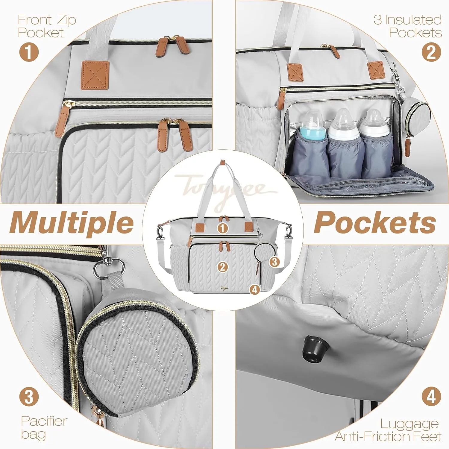 Diaper Bag Tote, Large Diaper Bags Waterproof, Hospital Bag for Labor Delivery, Baby Bag with Pacifier Case, Travel Diaper Tote with Changing Pad, Grey