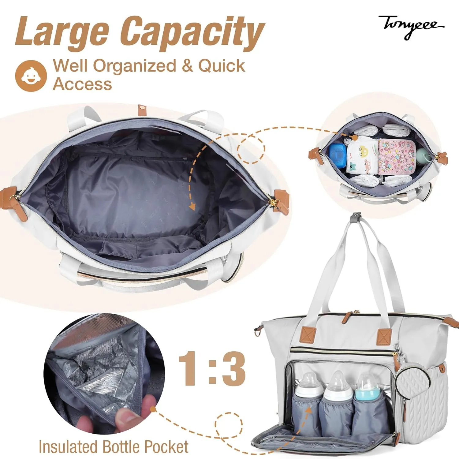 Diaper Bag Tote, Large Diaper Bags Waterproof, Hospital Bag for Labor Delivery, Baby Bag with Pacifier Case, Travel Diaper Tote with Changing Pad, Grey