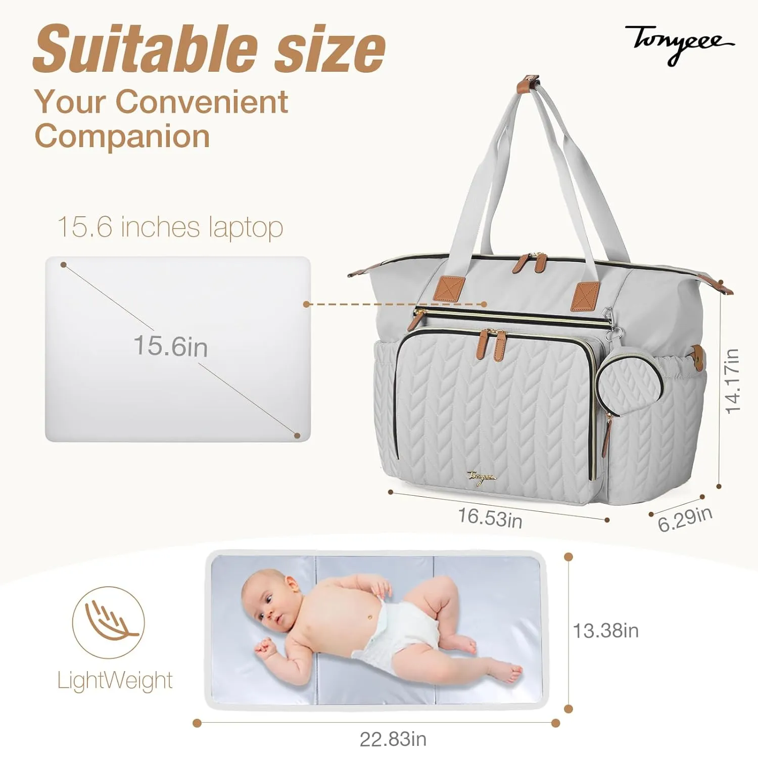 Diaper Bag Tote, Large Diaper Bags Waterproof, Hospital Bag for Labor Delivery, Baby Bag with Pacifier Case, Travel Diaper Tote with Changing Pad, Grey