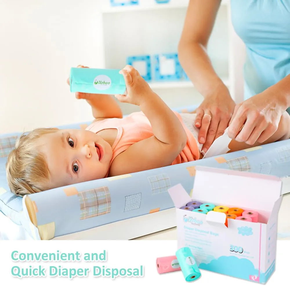 Diaper Bags Disposable for Baby, 20 Refill Rolls/300 Bags Waste Bags with Dispenser, Convenient and Quick Diaper Disposal, Rainbow