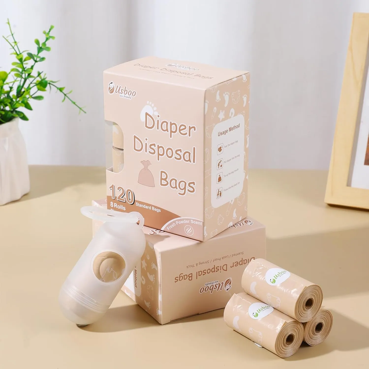 Diaper Bags Disposable for Baby, Biodegradeable Dirty Diaper Bags (8 Refill Rolls/120 Bags) with Dispenser | Leak Proof Diaper Trash Bags | Baby Poop Bags | Fresh Powder Scent