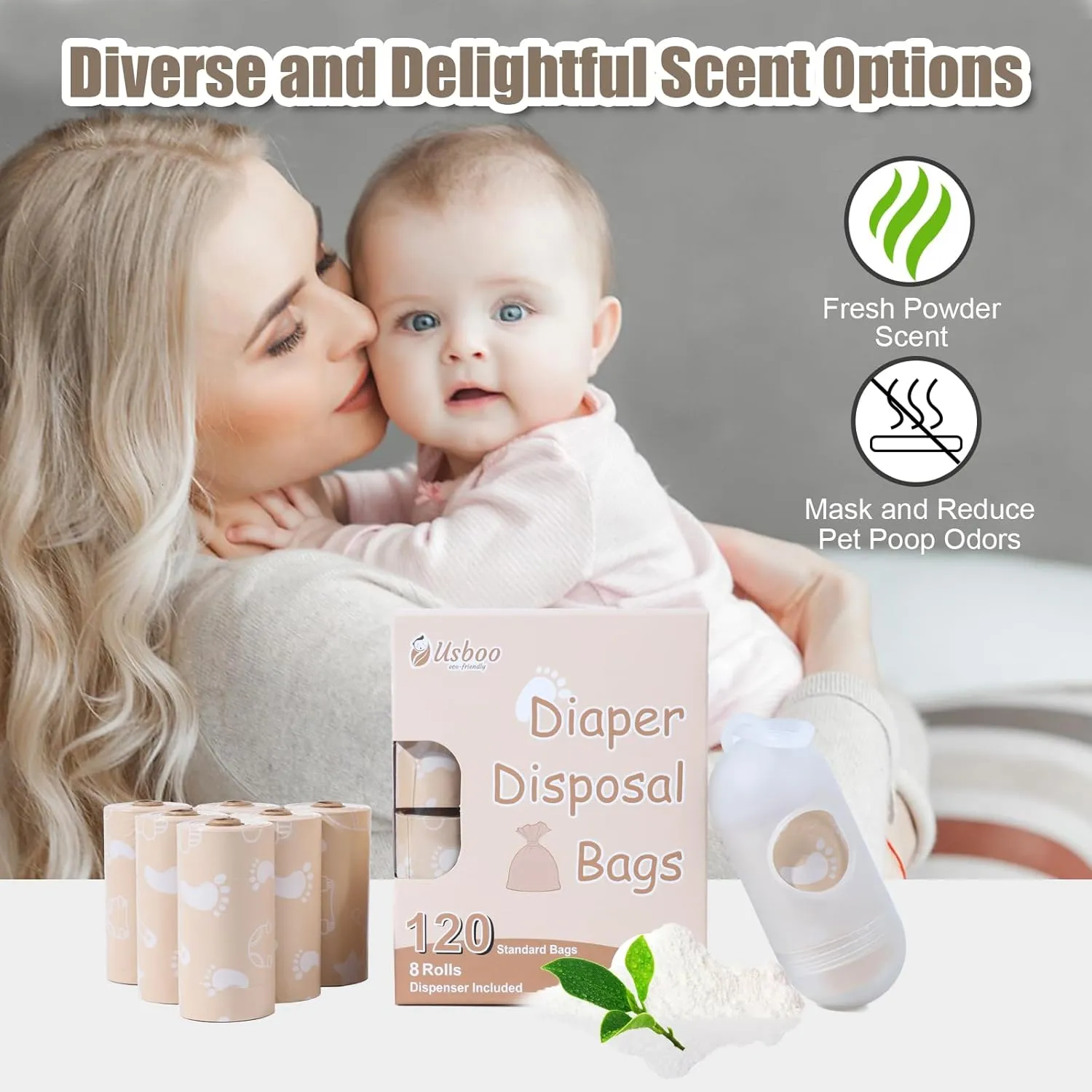 Diaper Bags Disposable for Baby, Biodegradeable Dirty Diaper Bags (8 Refill Rolls/120 Bags) with Dispenser | Leak Proof Diaper Trash Bags | Baby Poop Bags | Fresh Powder Scent