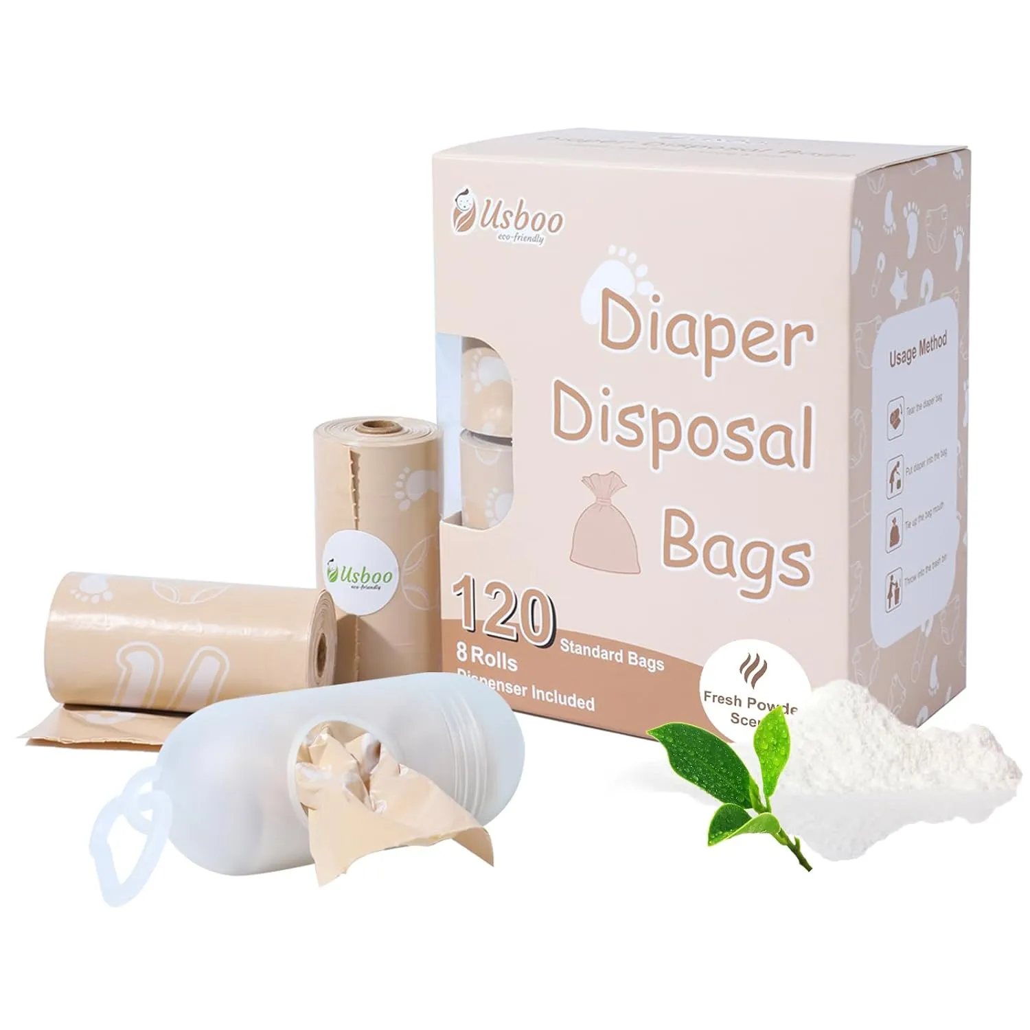 Diaper Bags Disposable for Baby, Biodegradeable Dirty Diaper Bags (8 Refill Rolls/120 Bags) with Dispenser | Leak Proof Diaper Trash Bags | Baby Poop Bags | Fresh Powder Scent