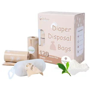 Diaper Bags Disposable for Baby, Biodegradeable Dirty Diaper Bags (8 Refill Rolls/120 Bags) with Dispenser | Leak Proof Diaper Trash Bags | Baby Poop Bags | Fresh Powder Scent