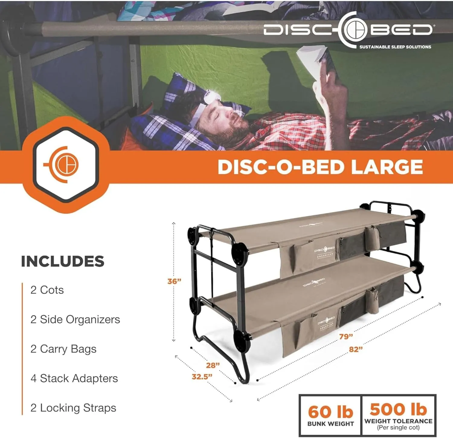 Disc-O-Bed Large Outdoor Convertible 2 Person Bench and Double Camping Cot Portable Bed Bunk System for Adults