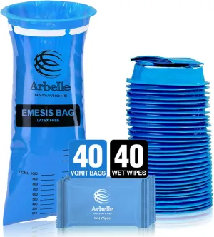 Disposable Vomit Bags, Emesis Bags - 40 Vomit Bags   40 Wet Wipes for Nausea Motion Sickness Car Pregnancy Chemo Vomit Blue Barf Bags Premium Quality Leak Proof & Convenient for Travel