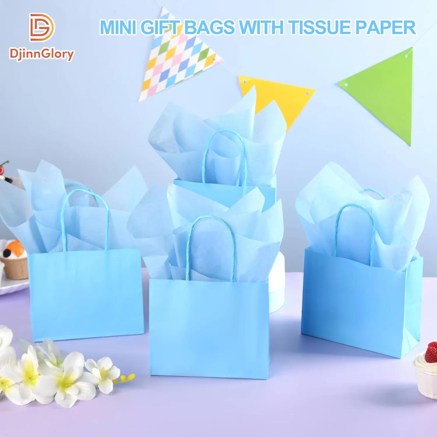 DjinnGlory 24 Pack Mini Tiny Blue Paper Gift Bags with Handles 6x5x2.5 Inch, Small Bags with Blue Tissue Paper for Baby Shower Party Favors, Treats, Goodies, Small Merchandises