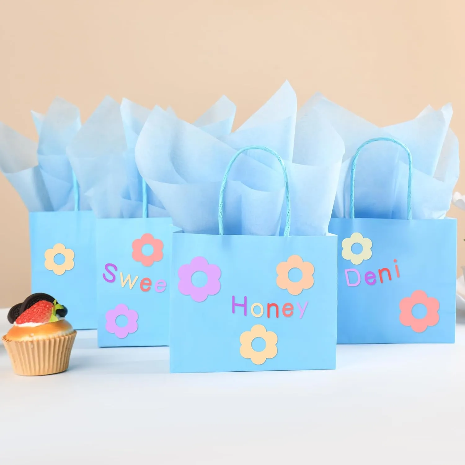 DjinnGlory 24 Pack Mini Tiny Blue Paper Gift Bags with Handles 6x5x2.5 Inch, Small Bags with Blue Tissue Paper for Baby Shower Party Favors, Treats, Goodies, Small Merchandises