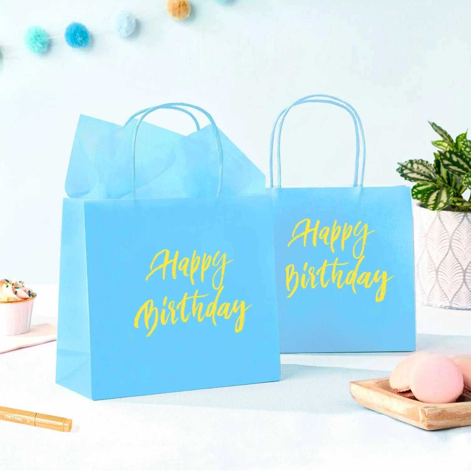 DjinnGlory 24 Pack Mini Tiny Blue Paper Gift Bags with Handles 6x5x2.5 Inch, Small Bags with Blue Tissue Paper for Baby Shower Party Favors, Treats, Goodies, Small Merchandises