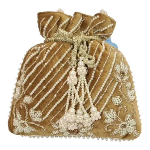 DMS RETAIL Handcrafted with Pearl Handle and Tassels | Embroidered Bridal Clutch for Weddings, Parties, and Gifting | Elegant Drawstring Potli for Women