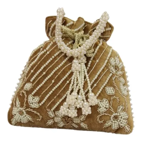 DMS RETAIL Handcrafted with Pearl Handle and Tassels | Embroidered Bridal Clutch for Weddings, Parties, and Gifting | Elegant Drawstring Potli for Women