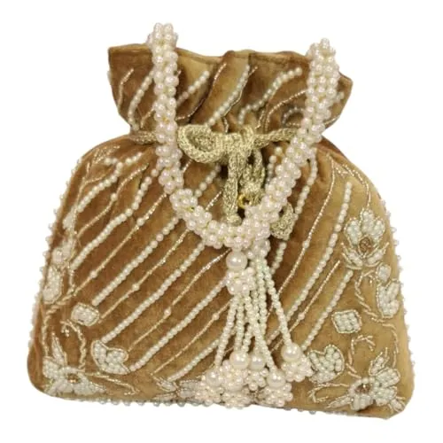 DMS RETAIL Handcrafted with Pearl Handle and Tassels | Embroidered Bridal Clutch for Weddings, Parties, and Gifting | Elegant Drawstring Potli for Women