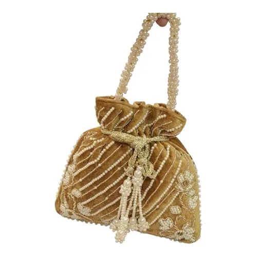 DMS RETAIL Handcrafted with Pearl Handle and Tassels | Embroidered Bridal Clutch for Weddings, Parties, and Gifting | Elegant Drawstring Potli for Women