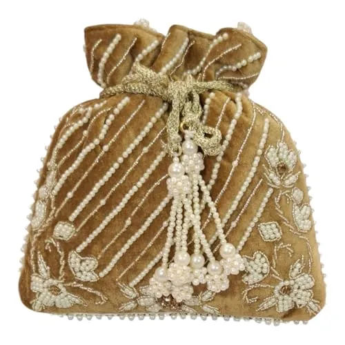 DMS RETAIL Handcrafted with Pearl Handle and Tassels | Embroidered Bridal Clutch for Weddings, Parties, and Gifting | Elegant Drawstring Potli for Women
