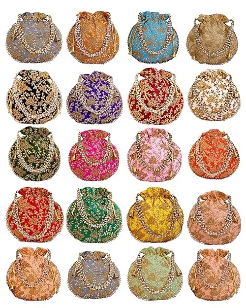 DMS RETAIL Rajasthani Look Women's Fashion Handmade Handbag Wristlets Ethnic Bridal Potli Batwa Bag Combo Pack of (Pack Of 10)