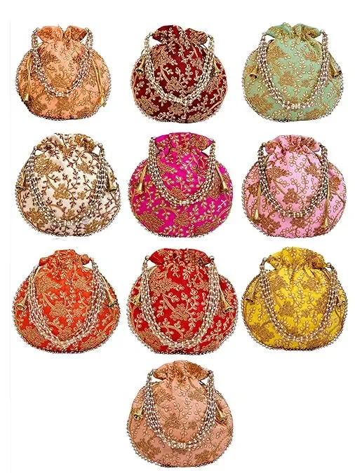 DMS RETAIL Rajasthani Look Women's Fashion Handmade Handbag Wristlets Ethnic Bridal Potli Batwa Bag Combo Pack of (Pack Of 10)