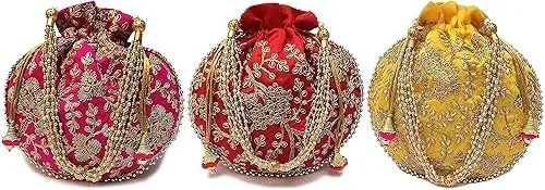 DMS RETAIL Rajasthani Look Women's Fashion Handmade Handbag Wristlets Ethnic Bridal Potli Batwa Bag Combo Pack of (Pack Of 10)
