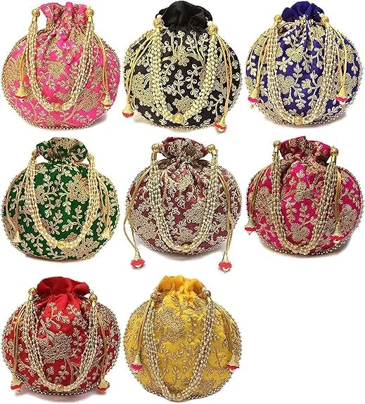 DMS RETAIL Rajasthani Look Women's Fashion Handmade Handbag Wristlets Ethnic Bridal Potli Batwa Bag Combo Pack of (Pack Of 7)