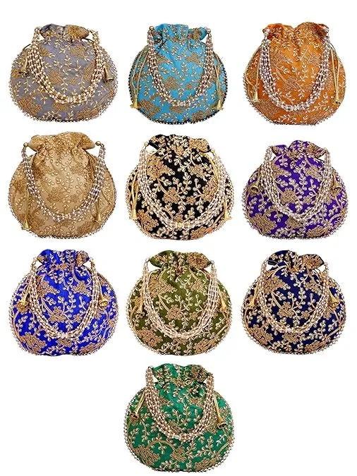 DMS RETAIL Rajasthani Look Women's Fashion Handmade Handbag Wristlets Ethnic Bridal Potli Batwa Bag Combo Pack of (Pack Of 7)