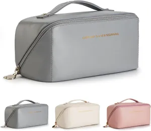 DOMAT Travel Makeup Bag For Women,Quality Waterproof Toiletry Bag,Huge Storage Space Cosmetic Bag,Multi-Functional Travel Makeup Organizer With Mirror. (Modest gray)