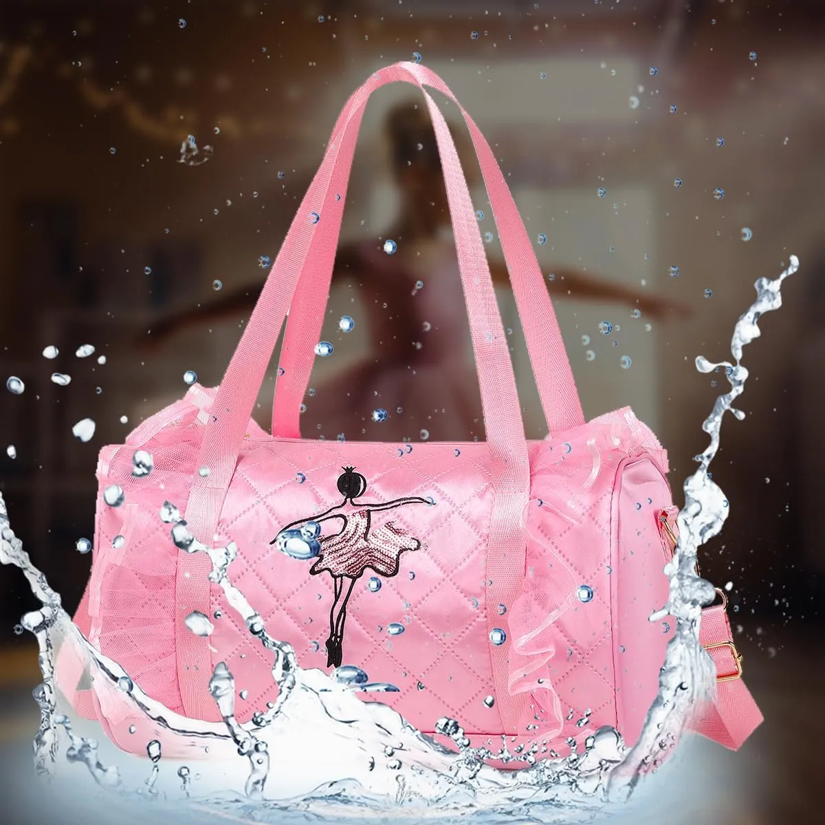 Dorlubel Cute Ballet Dance Bag Gym Travel Duffle Bag for Girls Tutu Dress Bag with Key Chain for Girls (Pink3 of Long Mesh)