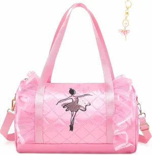 Dorlubel Cute Ballet Dance Bag Gym Travel Duffle Bag for Girls Tutu Dress Bag with Key Chain for Girls (Pink3 of Long Mesh)