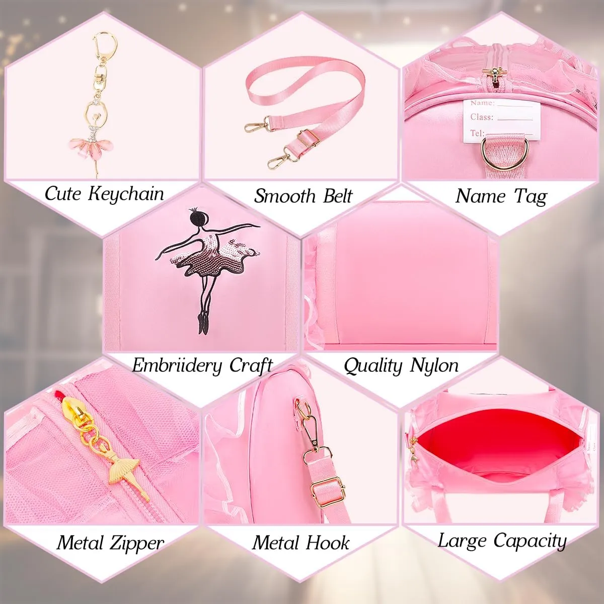 Dorlubel Cute Ballet Dance Bag Gym Travel Duffle Bag for Girls Tutu Dress Bag with Key Chain for Girls (Pink3 of Long Mesh)