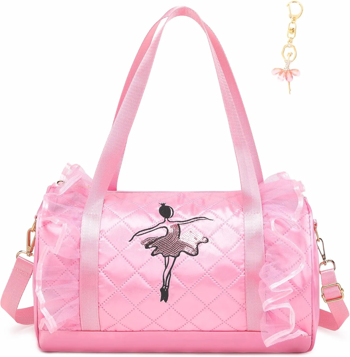 Dorlubel Cute Ballet Dance Bag Gym Travel Duffle Bag for Girls Tutu Dress Bag with Key Chain for Girls (Pink3 of Long Mesh)