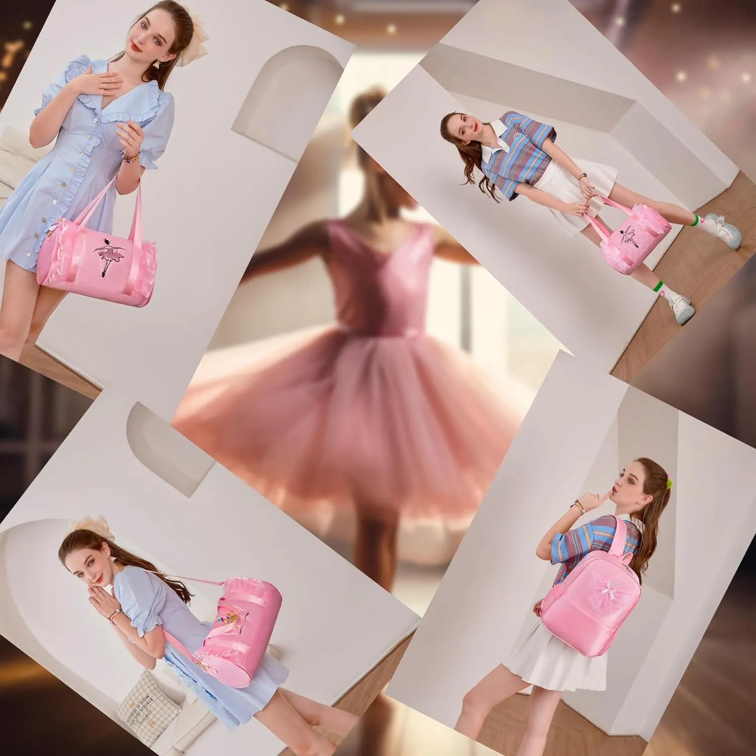 Dorlubel Cute Ballet Dance Bag Gym Travel Duffle Bag for Girls Tutu Dress Bag with Key Chain for Girls (Pink3 of Long Mesh)
