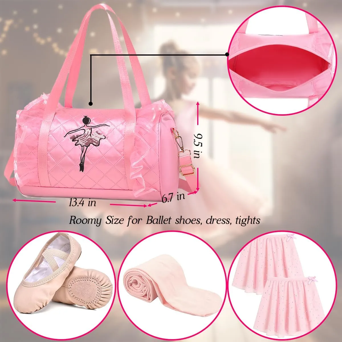 Dorlubel Cute Ballet Dance Bag Gym Travel Duffle Bag for Girls Tutu Dress Bag with Key Chain for Girls (Pink3 of Long Mesh)