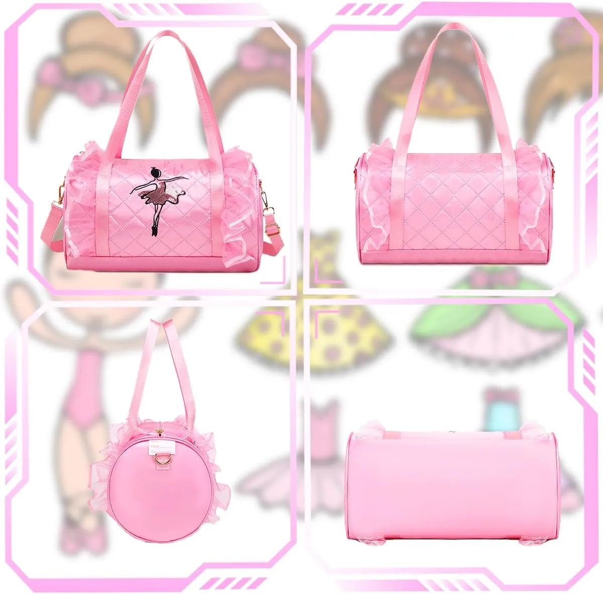 Dorlubel Cute Ballet Dance Bag Gym Travel Duffle Bag for Girls Tutu Dress Bag with Key Chain for Girls (Pink3 of Long Mesh)