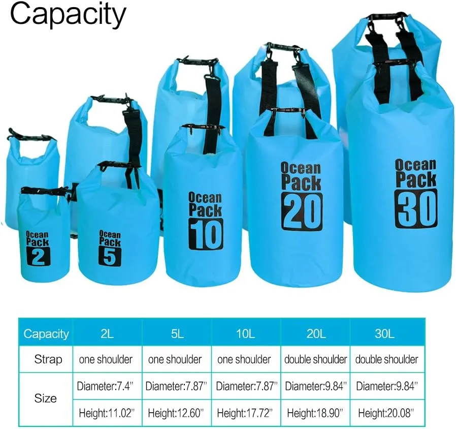 Dry Sack/Floating Waterproof Bag 2L/5L/10L/20L/30L for Boating, Kayaking, Hiking, Snowboarding, Camping, Rafting, Fishing and Backpacking
