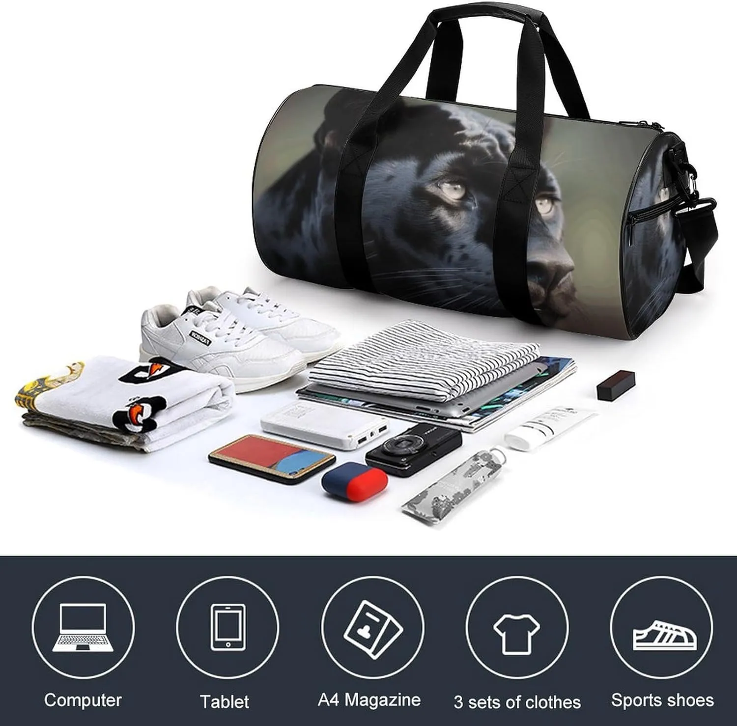 Duffel Bag for Men Women Gym Bag Animal Panther Travel Duffel Bag Waterproof Overnight Bag for Sports Workout