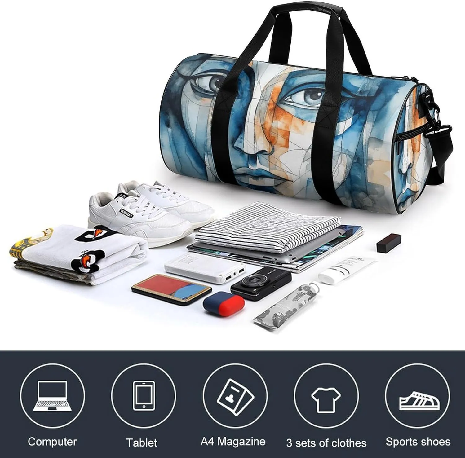 Duffel Bag for Men Women Gym Bag Art Face Travel Duffel Bag Waterproof Overnight Bag for Sports Workout