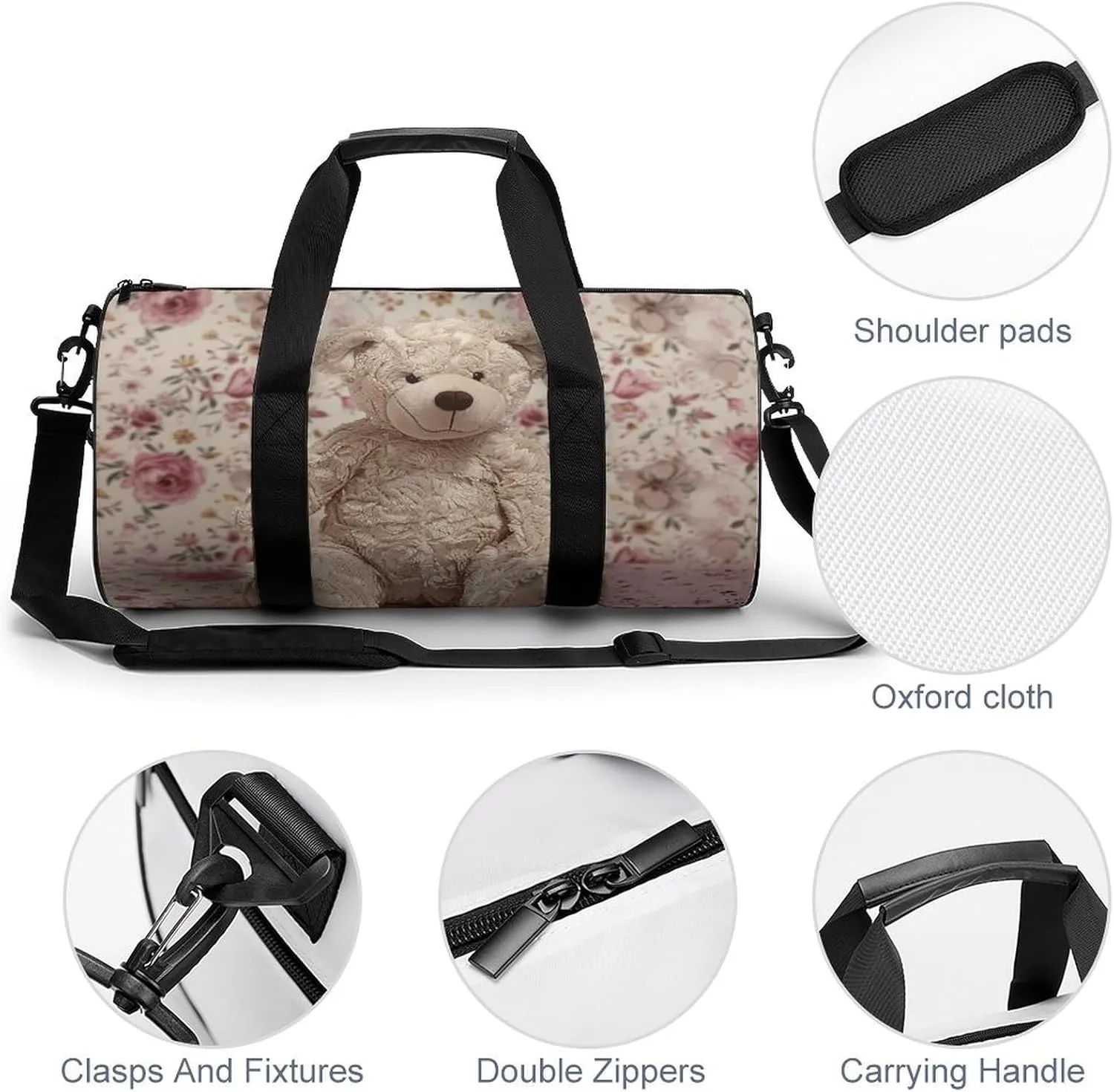 Duffel Bag for Men Women Gym Bag Bear And Flowers Travel Duffel Bag Waterproof Overnight Bag for Sports Workout