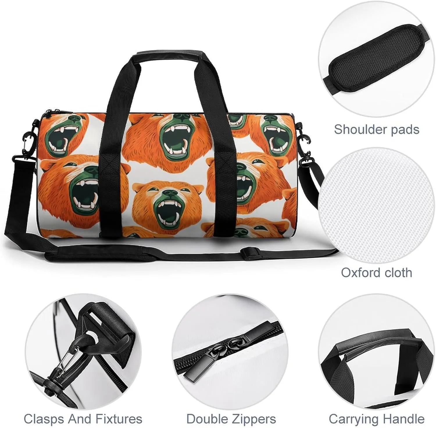 Duffel Bag for Men Women Gym Bag Bear Face And Teeth Travel Duffel Bag Waterproof Overnight Bag for Sports Workout